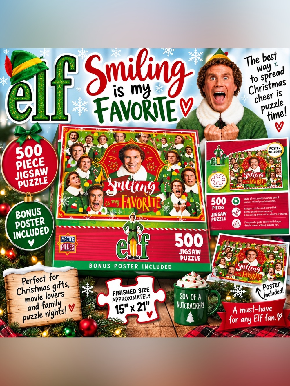 Elf Smiling Is My Favorite 500 Piece Christmas Puzzle + Bonus Poster